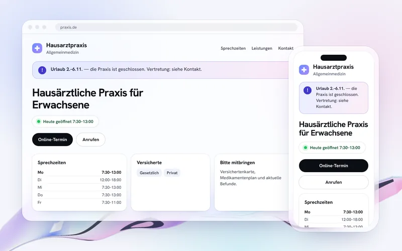 Illustration: eine Praxis-Website auf Laptop und Smartphone mit einem Urlaubshinweis, den die Praxis selbst eingetragen hat