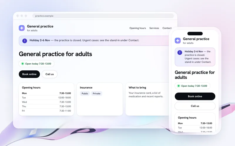 Illustration: a practice website on a laptop and a phone, with an absence notice posted by the practice