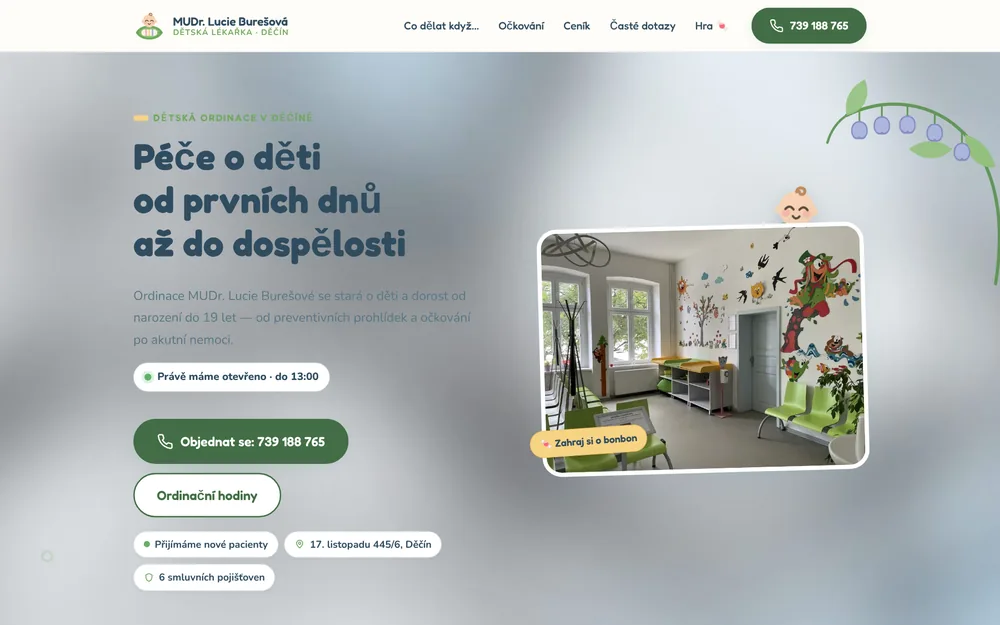 Screenshot of the paediatric practice website detskeburesova.cz