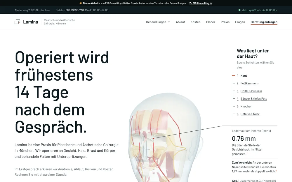 Screenshot of Lamina, a demo website for a fictional practice of plastic and aesthetic surgery