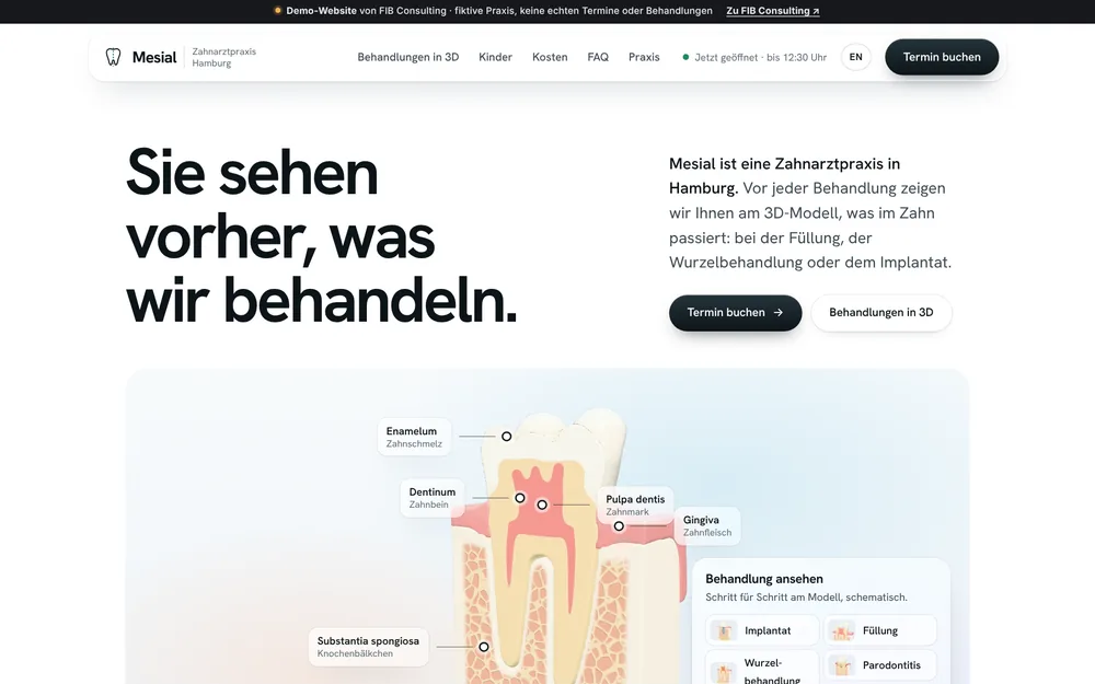 Screenshot of Mesial, a demo website for a fictional dental practice in Hamburg