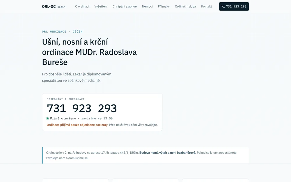 Screenshot of the ENT practice website orl-dc.cz